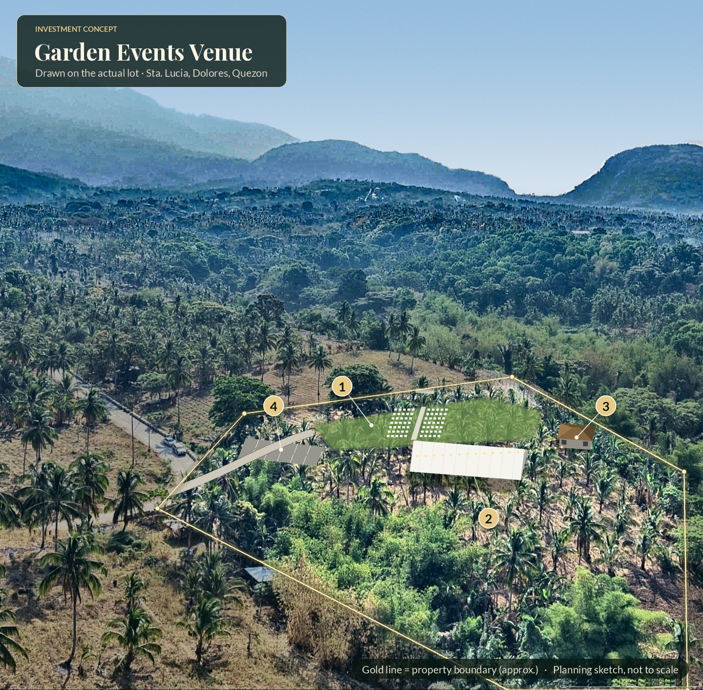 Garden Events Venue: concept drawn on the actual lot photo