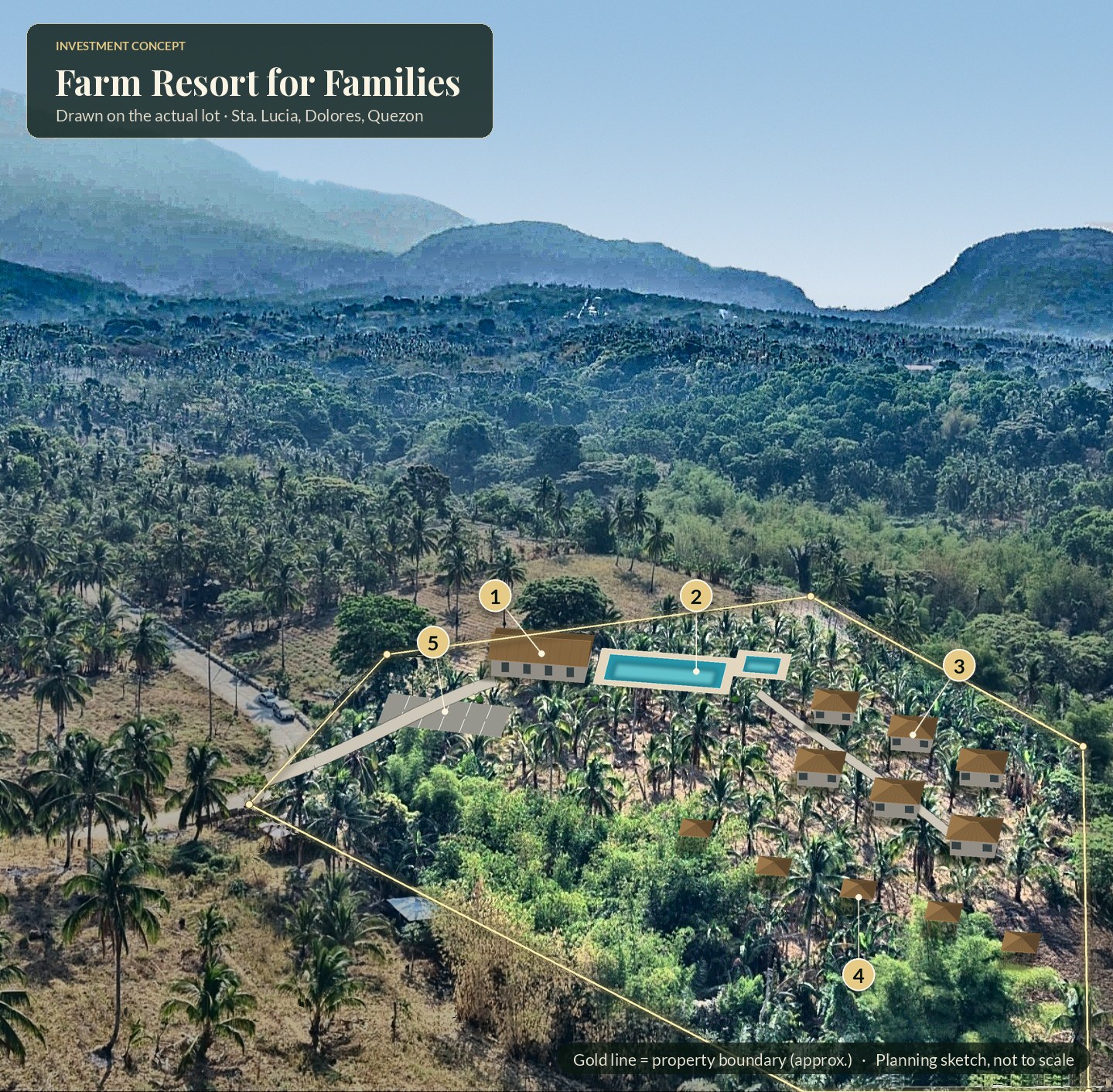 Farm Resort for Families: concept drawn on the actual lot photo