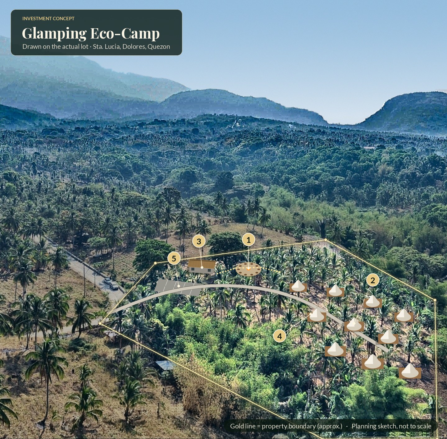 Glamping Eco-Camp: concept drawn on the actual lot photo