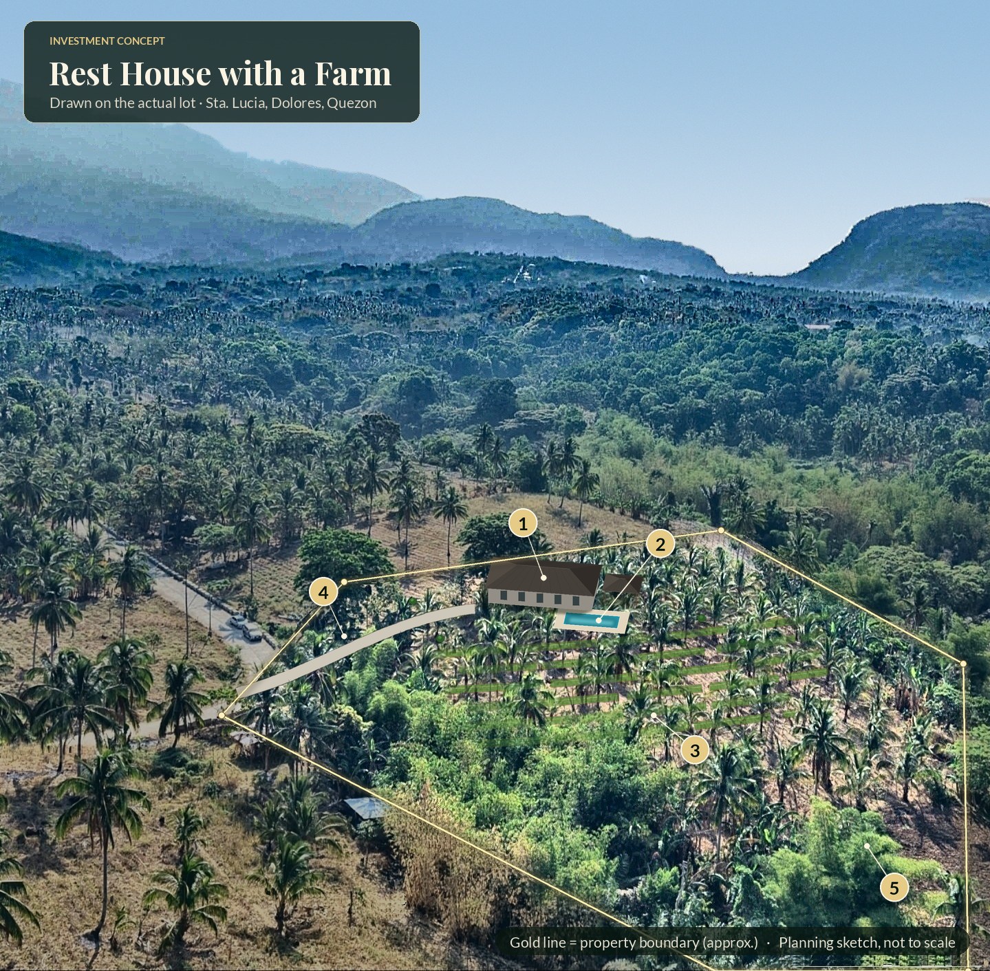 Rest house on the hilltop with a small pool and vegetable beds down the slope, drawn on the lot's drone photo
