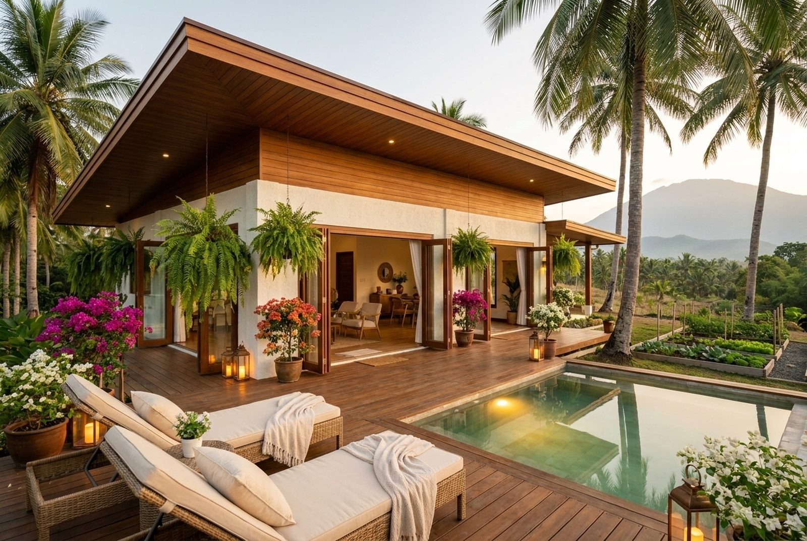 Sample look for the rest house: veranda, rattan and dipping pool